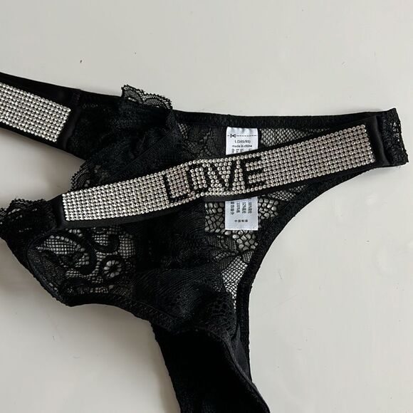 Women's Glitter Lace ( Love) Low Rise Thongs Underwear Panty Solid Black Panties - Picture 8 of 8